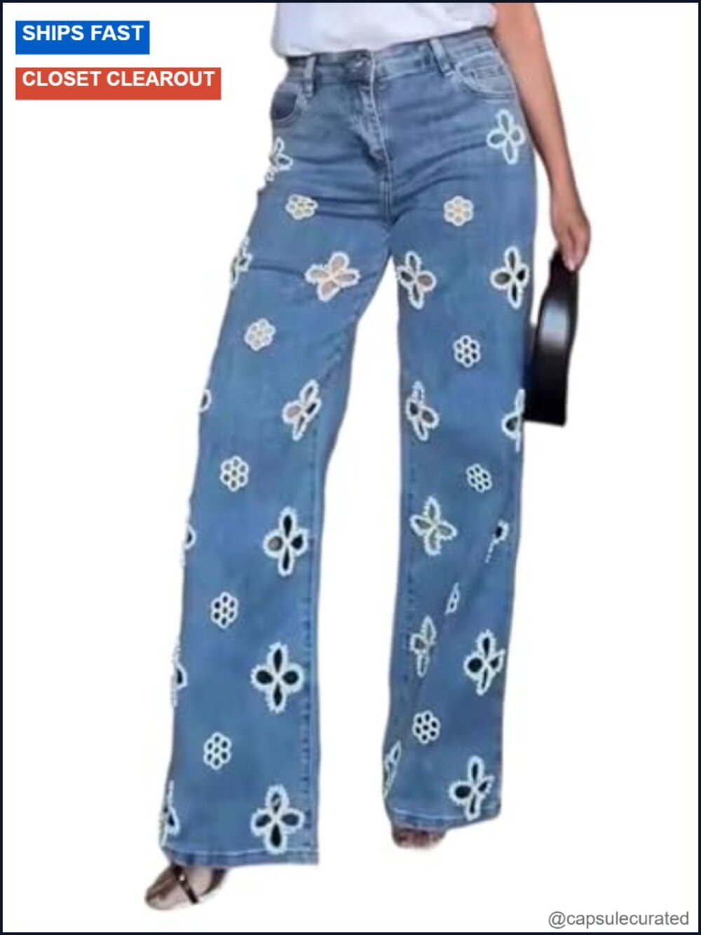 High Waisted Baggy Floral Glitter Pearl Jeans Sparkly Straight Leg Denim Pants